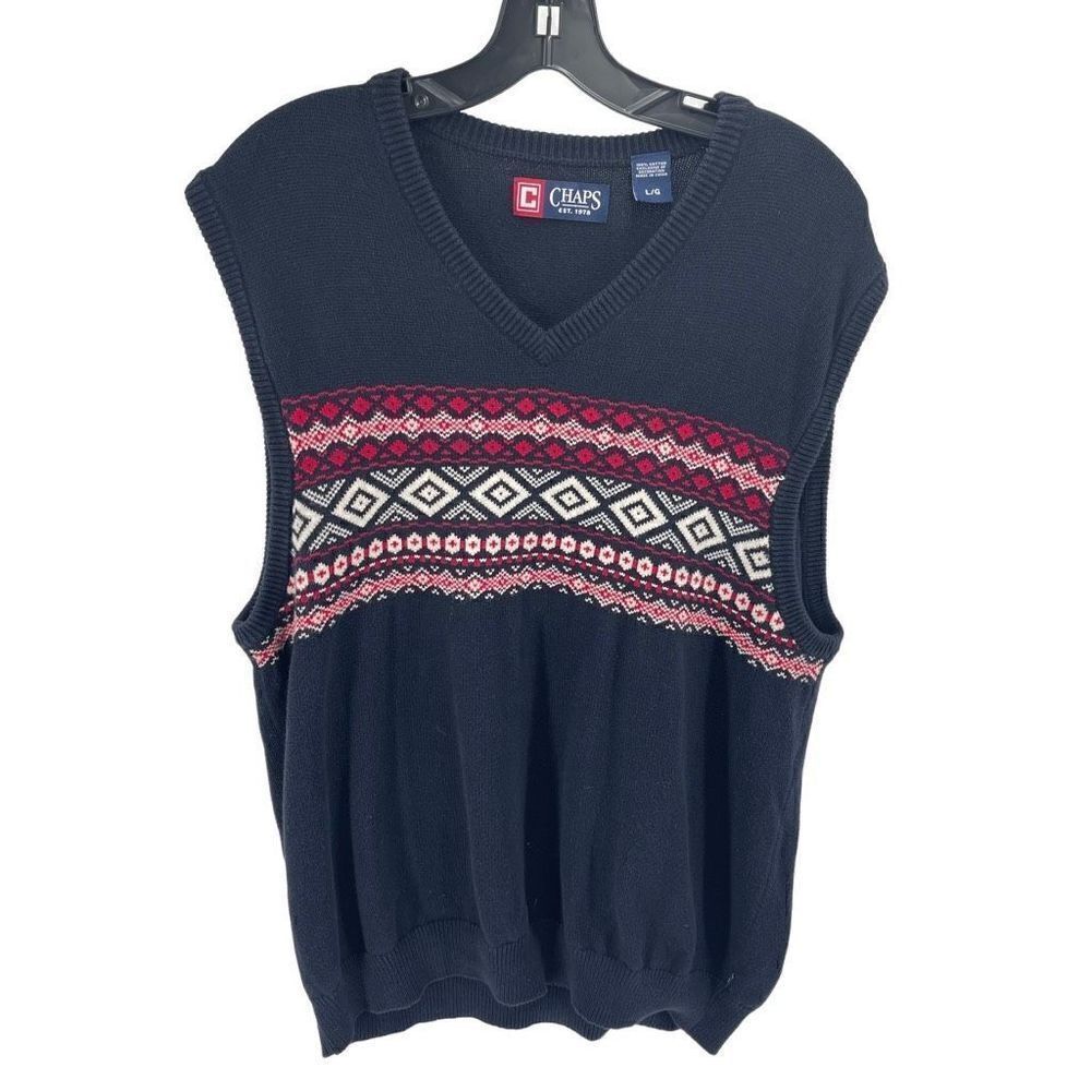 Chaps Mens Vest Sweater Fair Isle Print Cotton Pullover Pullover Navy Blue Large